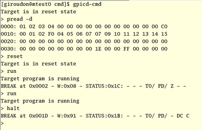 Screenshot: gpicd-cmd interactive operations